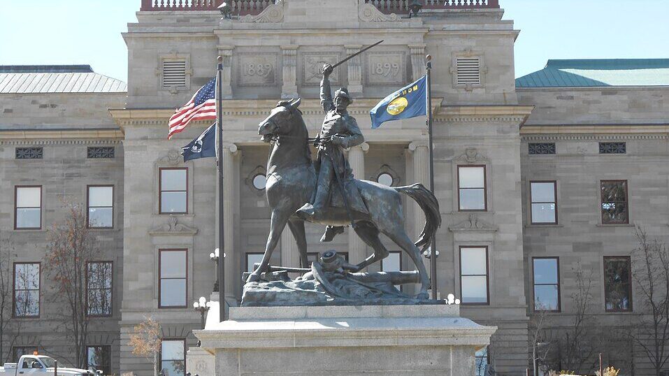 Thomas Francis Meagher statue Montana State Capitol Helena showing the equestrian monument at the Capitol’s main entrance